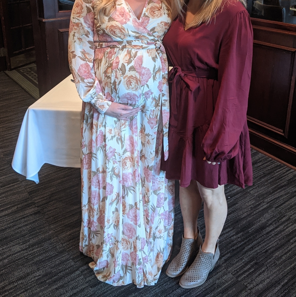Ivory Floral Chiffon Long Sleeve Pleated Maternity Maxi Dress